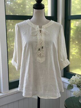 Maeve by Anthropologie Ivory Linen Lace-Up Top | Size 6 | NWT